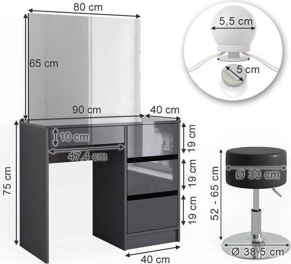 Toaletní stolek Vicco Sherry Antracitový vysoký lesk 90 cm se zrcadlem, LED světelným řetězem a stoličkou, Model 40840