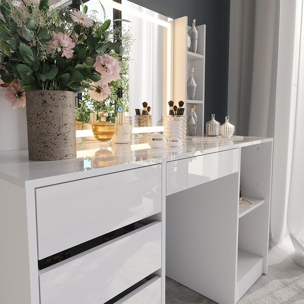 Toaletní stolek Vicco Sherry Bílá/bílý vysoký lesk 128.2 cm s LED zrcadlem, Model 57633