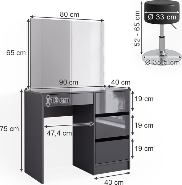 Toaletní stolek Vicco Sherry Antracitový vysoký lesk 90 cm se stoličkou, Model 40841