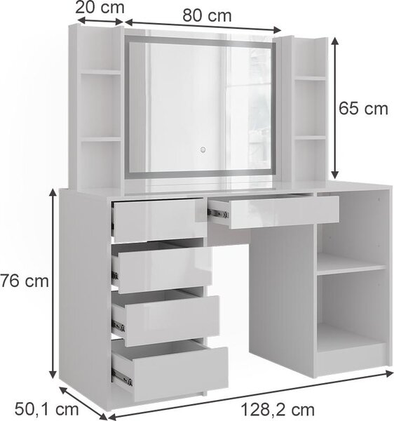 Toaletní stolek Vicco Sherry Bílá/bílý vysoký lesk 128.2 cm s LED zrcadlem, Model 57633