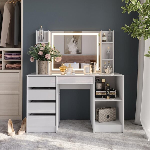 Toaletní stolek Vicco Sherry Bílá/bílý vysoký lesk 128.2 cm s LED zrcadlem, Model 57633