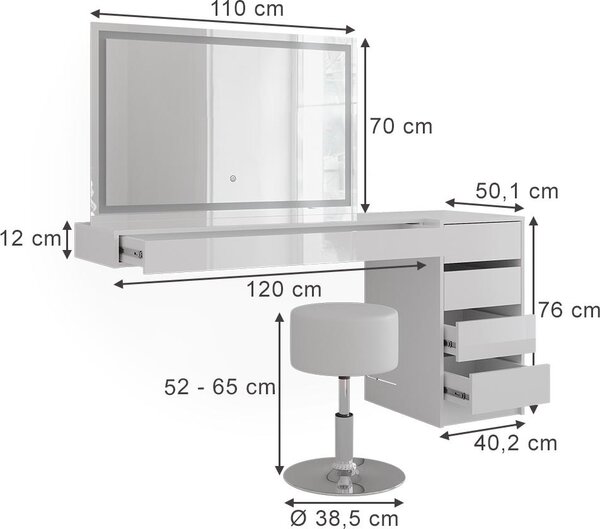 Toaletní stolek Vicco Sherry Bílá 120 cm 4 díly, Model 59574