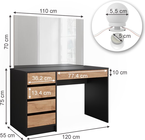 Toaletní stolek Vicco Sherry Antracit/zlatý dub 120 x 75 cm se zrcadlem a LED osvětlením, Model 52030