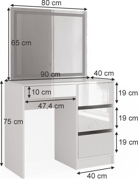 Toaletní stolek Vicco Sherry Bílá vysoký lesk 90 cm se zrcadlem LED, Model 40170