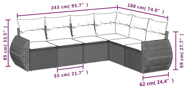 6dílná zahradní sedací souprava s poduškami hnědá polyratan 3221412