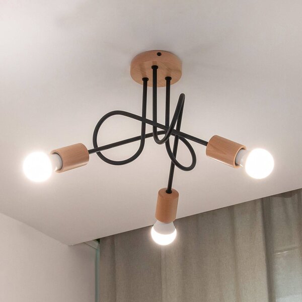 HELAM Stropní světlo Oxford, černé, dřevo, kov, 3-fl,, Ø 44 cm, stmívatelný, Černá, Obývací pokoj / jídelna, kov, Moderní