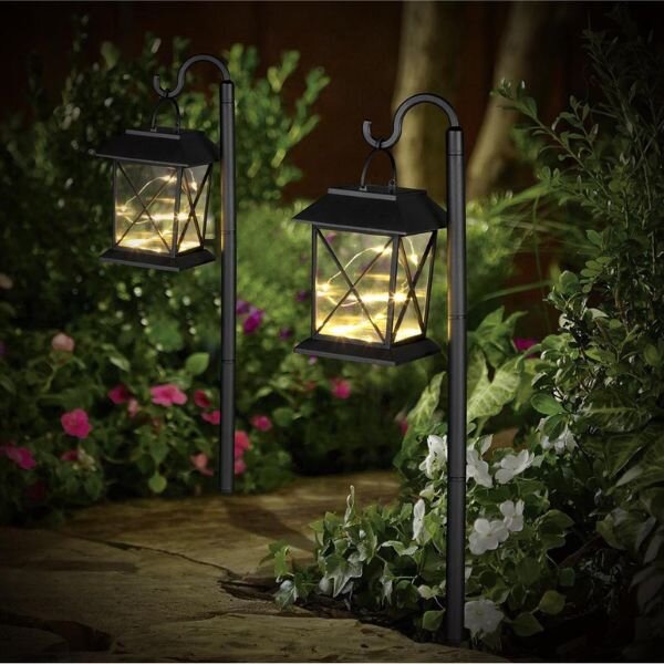 Zahradní solární světlo LED lucerna, 42cm, zapichovací, černá, teplé světlo