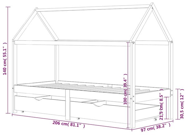 Rám dětské postele se zásuvkami tmavě šedý borovice 90 x 200 cm 322144