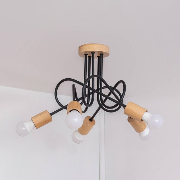 HELAM Stropní světlo Oxford, černé, dřevo, kov, 5-ramenné, Ø 47 cm, stmívatelný, Černá, Obývací pokoj / jídelna, kov, Moderní