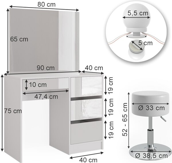 Toaletní stolek Vicco Sherry Bílá 90 cm s osvětlením LED a stoličkou, Model 39578