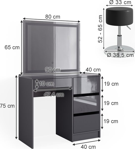 Toaletní stolek Vicco Sherry Antracit 90 cm se zrcadlem LED a stoličkou, Model 40844