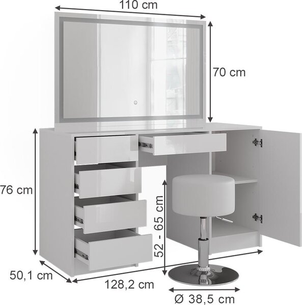 Toaletní stolek Vicco Sherry Bílá/bílý vysoký lesk 128.2 cm s LED zrcadlem a taburetem, Model 57642