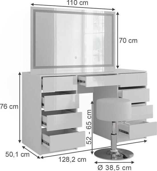 Toaletní stolek Vicco Sherry Bílá/bílý vysoký lesk 128.2 cm s LED zrcadlem a taburetem, Model 57636