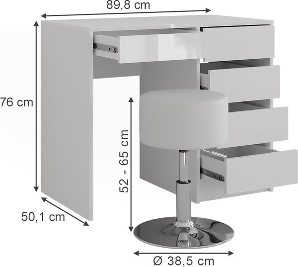 Toaletní stolek Vicco Sherry Bílá/bílý vysoký lesk 89.8 cm s stoličkou, Model 57696