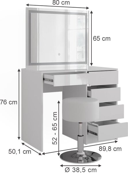 Toaletní stolek Vicco Sherry Bílá/bílý vysoký lesk 89.8 cm s LED zrcadlem a stoličkou, Model 57697