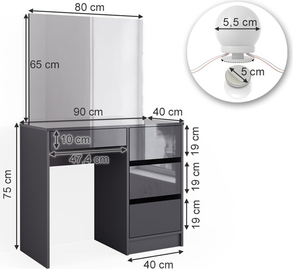 Toaletní stolek Vicco Sherry Antracit 90 cm se zrcadlem a LED osvětlením, Model 40839