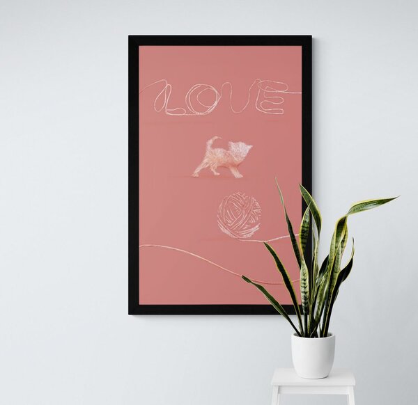 Plakát kočička s klubíčkem a nápisem Love