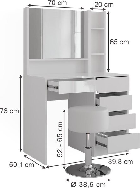 Toaletní stolek Vicco Sherry Bílá/bílý vysoký lesk 89.8 cm 4 díly, Model 57700