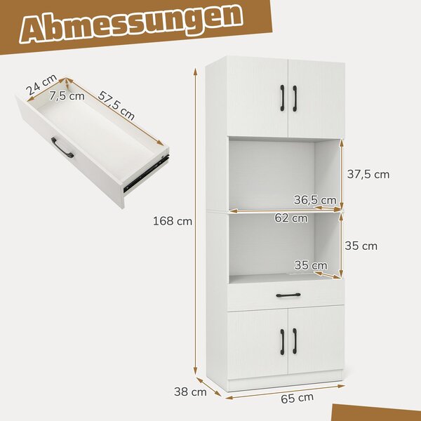 Kuchyňská skříňka COSTWAY 168 cm, bufetová skříňka se 4 dvířky, zásuvkou, pracovní deskou, 2 policemi, nabíjecí stanicí, 1 USB a 1 Type-C, spížní skříňka, bílá