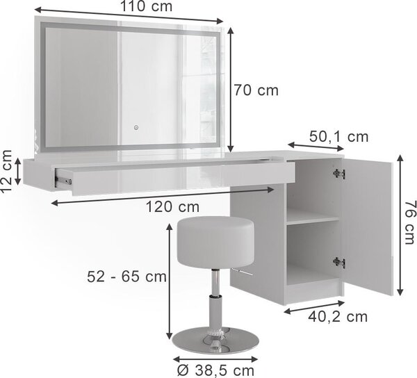 Toaletní stolek Vicco Sherry Bílá 120 cm 4 díly, Model 59576