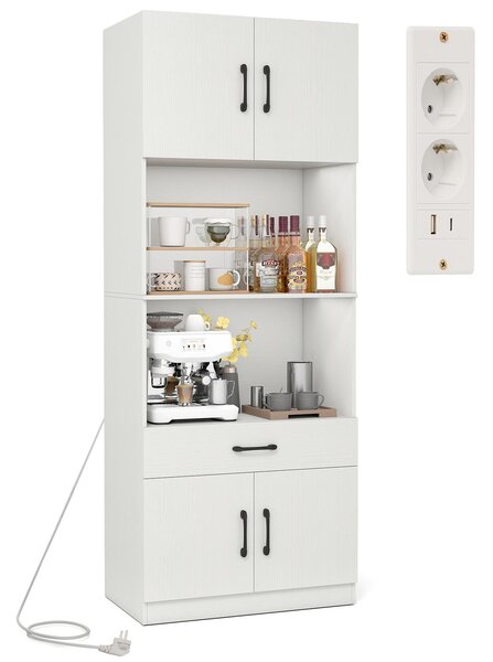 Kuchyňská skříňka COSTWAY 168 cm, bufetová skříňka se 4 dvířky, zásuvkou, pracovní deskou, 2 policemi, nabíjecí stanicí, 1 USB a 1 Type-C, spížní skříňka, bílá