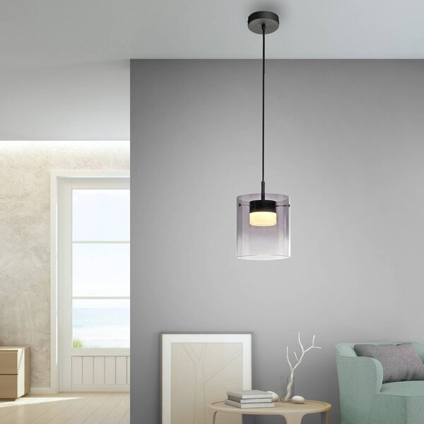 JUST LIGHT. GmbH LED závěsné světlo Elio, kouřové sklo, 1-žárovkové, černé, stmívatelný, Hliník / šedá / zinek, Obývací pokoj / jídelna, Sklo, Moderní