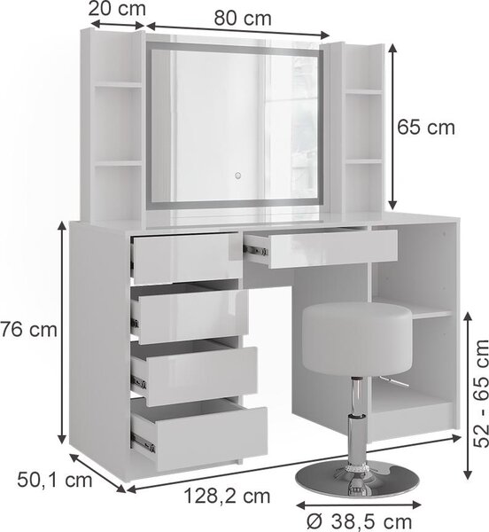 Toaletní stolek Vicco Sherry Bílá/bílý vysoký lesk 128.2 cm 5 dílů, Model 57632
