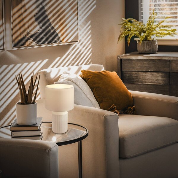 Briloner Stolní lampa Ino, bílá, výška 38 cm, E27, keramika, textil, Bílá / opál, Obývací pokoj / jídelna, Keramika, Skandinávský