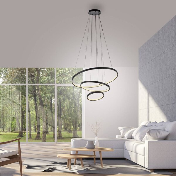 JUST LIGHT. GmbH LED závěsné světlo Cerchi, černé, 3 000 K, Černá, Obývací pokoj / jídelna, kov, Moderní