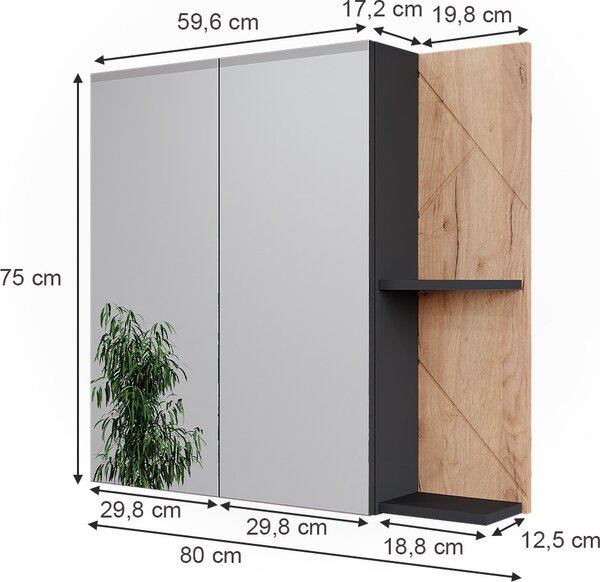 Skříňka se zrcadlem do koupelny Vicco Irma Antracit/zlatý dub 80 x 75 cm, Model 52080
