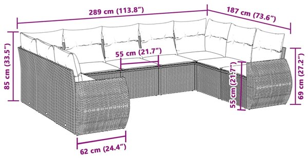 9dílná zahradní sedací souprava a podušky světle šedá polyratan 3221801