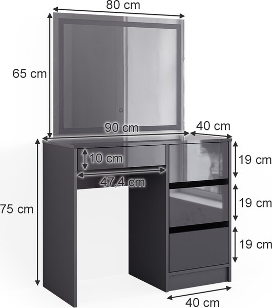 Toaletní stolek Vicco Sherry Antracit 90 cm se zrcadlem LED, Model 40843