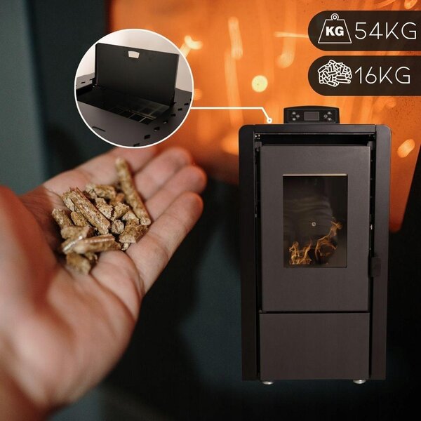 Peletová kamna THUNDER LEYLA BLACK 6,3 kW s Wi-Fi, ovládáním přes aplikaci, teplovzdušným ventilátorem, zásobníkem na pelety 16 kg