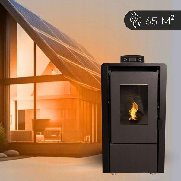 Peletová kamna THUNDER LEYLA BLACK 6,3 kW s Wi-Fi, ovládáním přes aplikaci, teplovzdušným ventilátorem, zásobníkem na pelety 16 kg