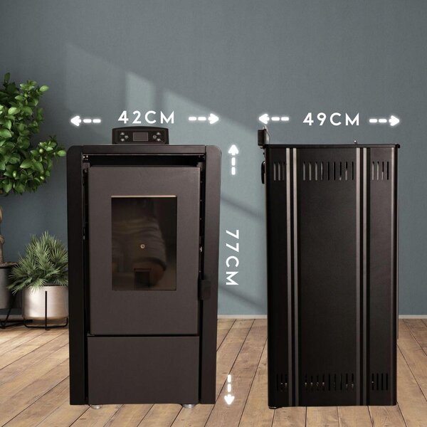 Peletová kamna THUNDER LEYLA BLACK 6,3 kW s Wi-Fi, ovládáním přes aplikaci, teplovzdušným ventilátorem, zásobníkem na pelety 16 kg