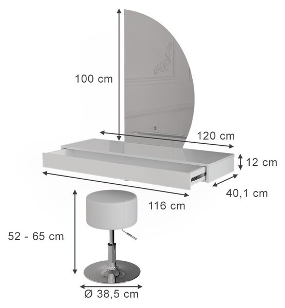 Toaletní stolek Vicco Sherry Bílá vysoký lesk 120 cm se zrcadlem LED a stoličkou, Model 61312