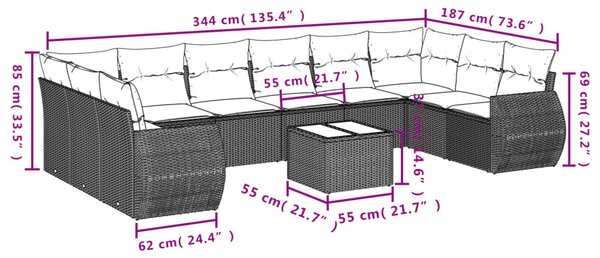 10dílná zahradní sedací souprava s poduškami šedá polyratan 3254207