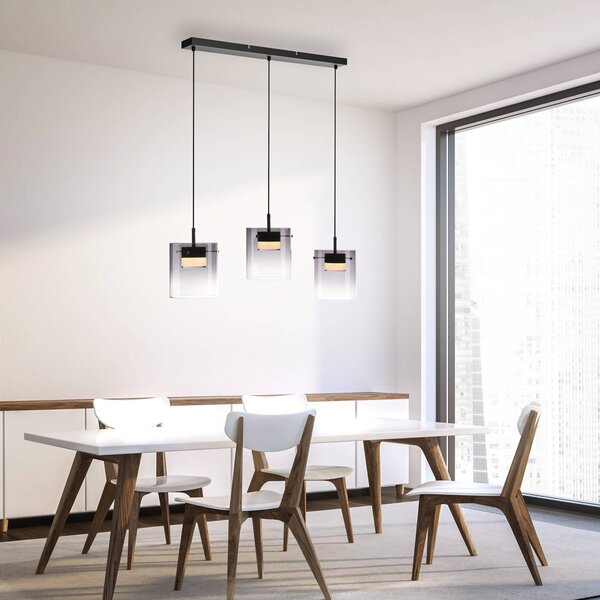JUST LIGHT. GmbH LED závěsné světlo Elio, kouřové sklo, 3 žárovky, černé, stmívatelný, Hliník / šedá / zinek, Obývací pokoj / jídelna, Sklo, Moderní