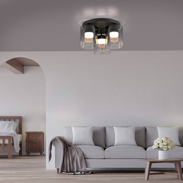 JUST LIGHT. GmbH LED stropní svítidlo Elio kouřové sklo, 3-ramenné, černé, stmívatelný, Hliník / šedá / zinek, Obývací pokoj / jídelna, Sklo, Moderní