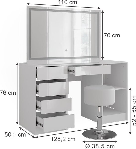 Toaletní stolek Vicco Sherry Bílá/bílý vysoký lesk 128.2 cm 6 dílů, Model 57630