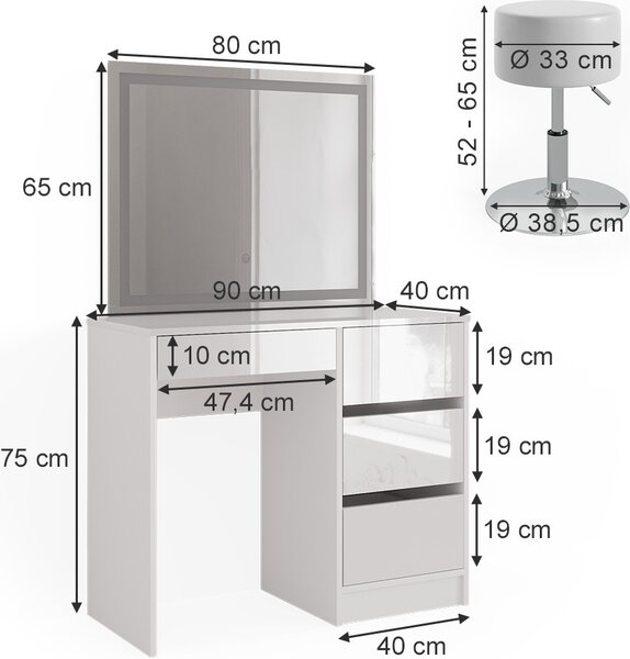 Toaletní stolek Vicco Sherry Bílá 90 cm se zrcadlem LED a stoličkou, Model 40171