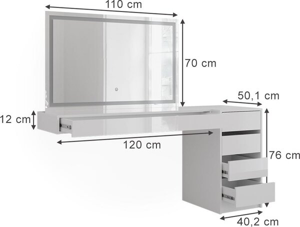 Toaletní stolek Vicco Sherry Bílá 120 cm 3 díly, Model 59575