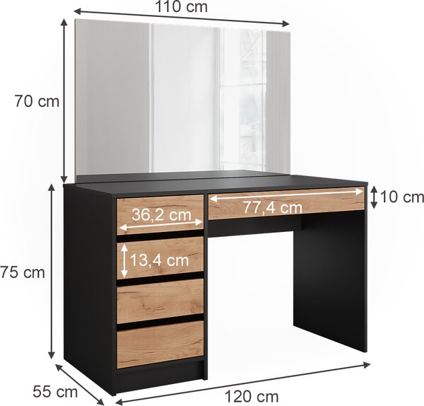 Kosmetický stolek Vicco Sherry Antracit/zlatý dub 120 x 75 cm se zrcadlem, Model 52027