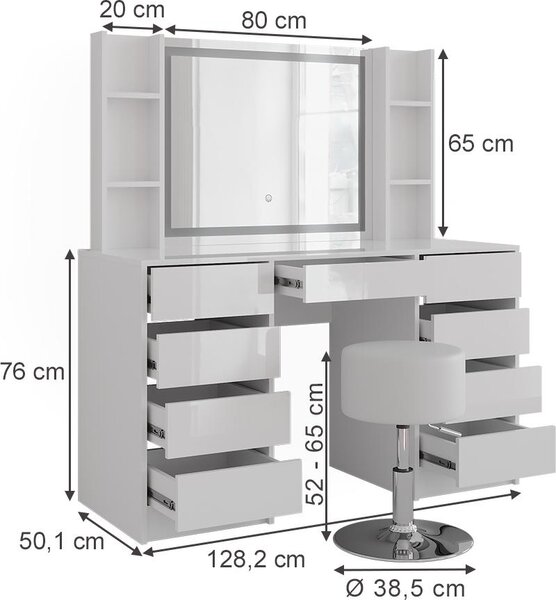 Toaletní stolek Vicco Sherry Bílá/bílý vysoký lesk 128.2 cm 5 dílů, Model 57638