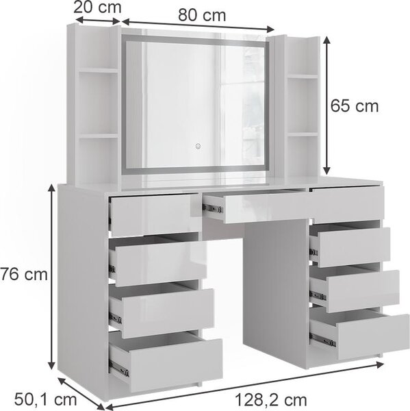 Toaletní stolek Vicco Sherry Bílá/bílý vysoký lesk 128.2 cm 7 dílů, Model 57639