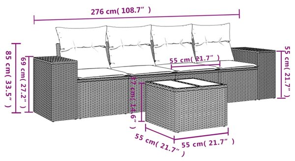 5dílná zahradní sedací souprava s poduškami hnědá polyratan 3222292