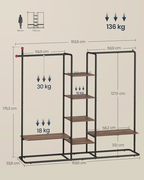SONGMICS Otevřená šatní skříň Horna 153,6 cm černá/hnědá