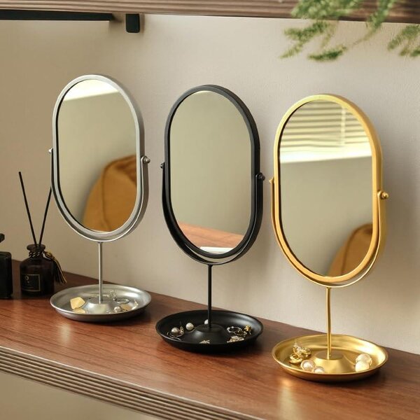 Oválné zrcadlo na make-up se stojanem a úložnou miskou