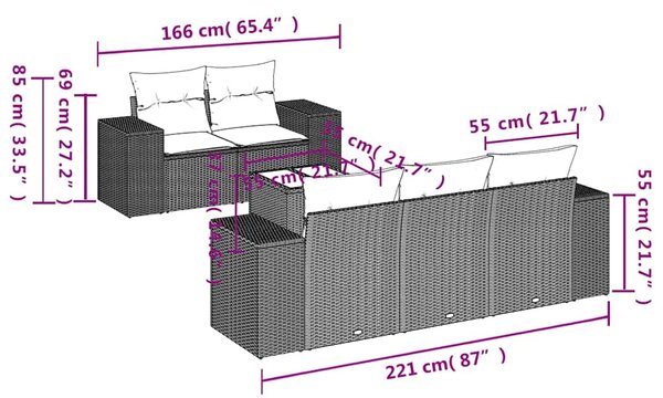 6dílná zahradní sedací souprava a podušky světle šedá polyratan 3222301