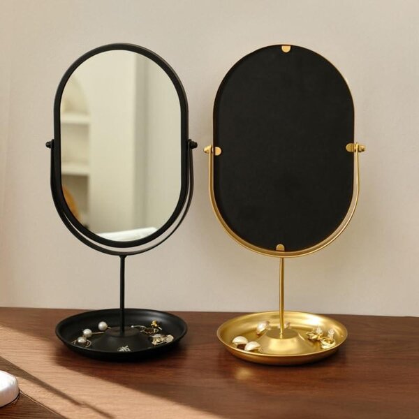 Oválné zrcadlo na make-up se stojanem a úložnou miskou